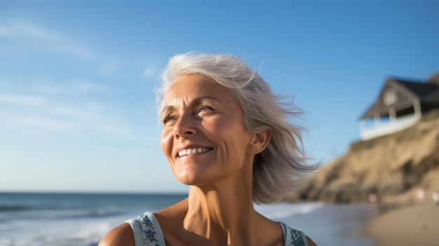 Una mujer de mediana edad en traje de baño disfruta de las vacaciones de verano en la playa.