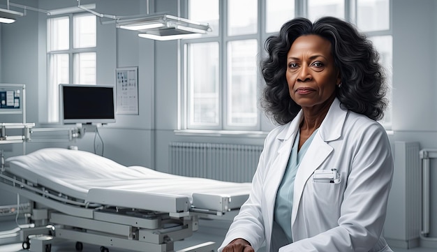 Mujer médica afroamericana de mediana edad en colores blancos de hospital Esta foto fue generada usando Playground AI