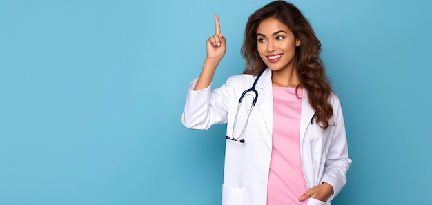 Mujer médica joven sobre un fondo aislado señalando con el dedo al lado de un fondo volor