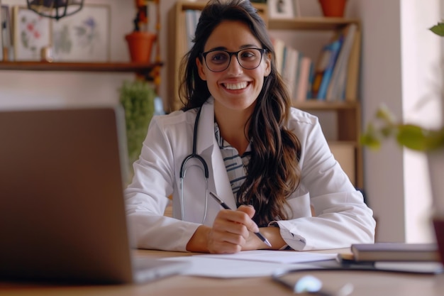 Foto la mujer médica latina llama por video al paciente y aprende en línea.