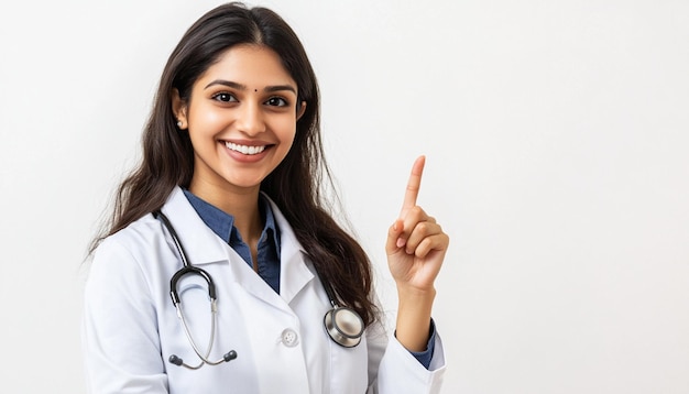 una mujer médico con un estetoscopio apuntando a la derecha