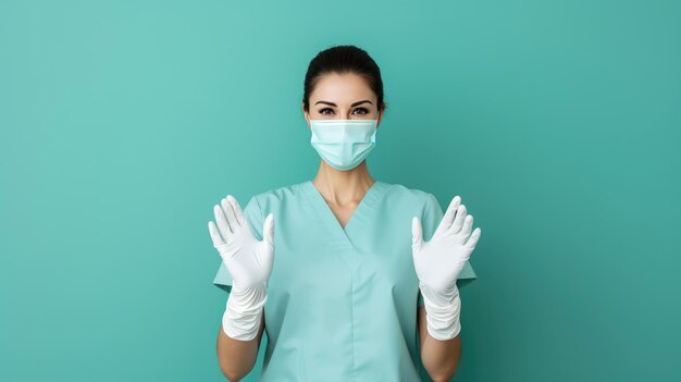 mujer médico con guantes sonriendo en un fondo simple