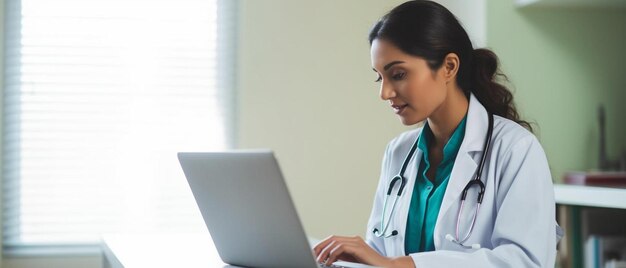 Foto mujer médico hispana enfocada trabajando con una computadora portátil en la oficina de la clínica