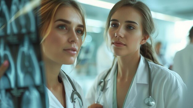 Una mujer médico mirando la película de rayos X de un paciente en el hospital