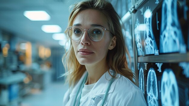 Una mujer médico mirando la película de rayos X de un paciente en el hospital