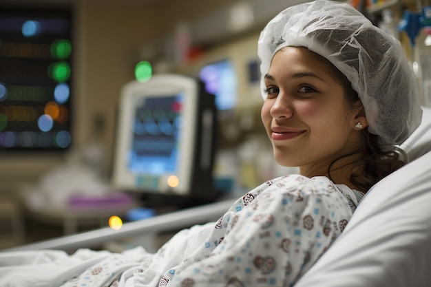 Una mujer médico o enfermera sonriente cerca de un retrato aislado