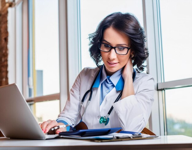 mujer médico trabajando en la computadora mujer en la oficina con la computadora portátil