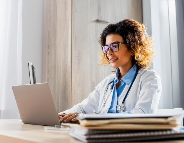 Mujer médico trabajando en una oficina mujer trabajando en una computadora portátil