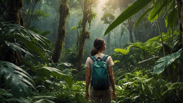 Una mujer en medio de una jungla tropical