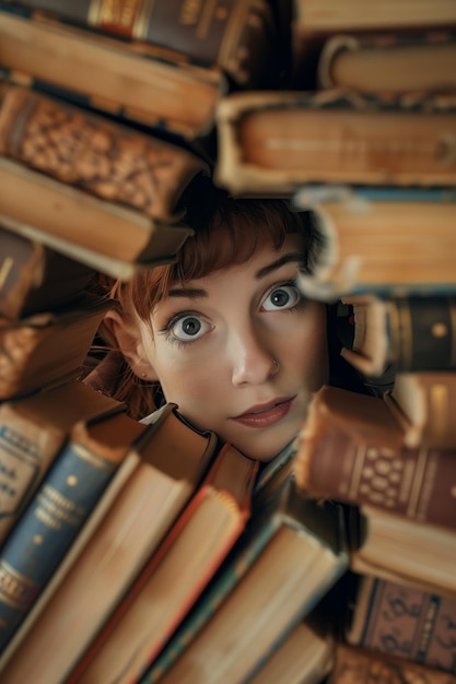 Foto mujer en medio de un océano de libros en busca de historias