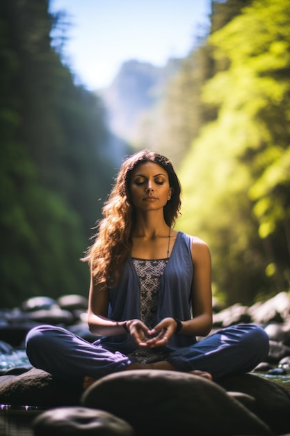 Una mujer medita en un entorno natural sereno.