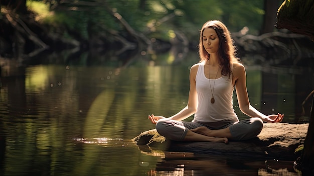 Mujer medita en paz al aire libre Tranquilidad serena junto a un arroyo Yoga junto a un lago