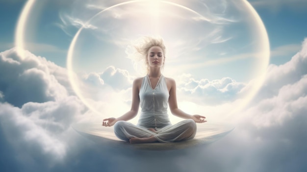 Mujer en meditación Posada retroiluminada con calma y energía Weber de imágenes de IA generativa