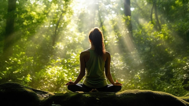 Mujer en meditación Posada retroiluminada con calma y energía Weber de imágenes de IA generativa