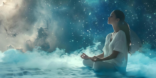 Foto mujer en meditación rodeada de serenidad celestial concepto de meditación mujer en meditación sereniedad celestial espiritual