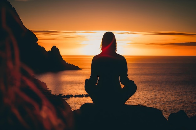 Una mujer meditando en un acantilado con la puesta de sol detrás de ella.