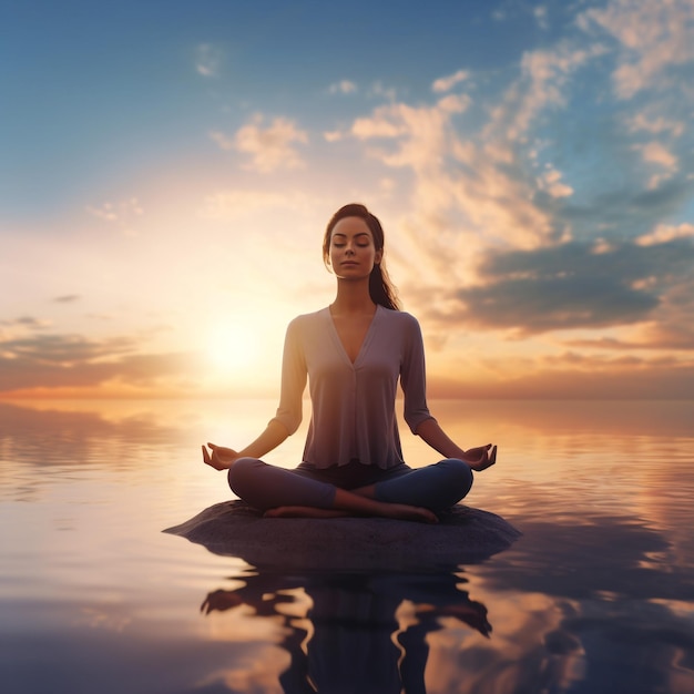 Una mujer meditando en el agua con el sol detrás de ella.