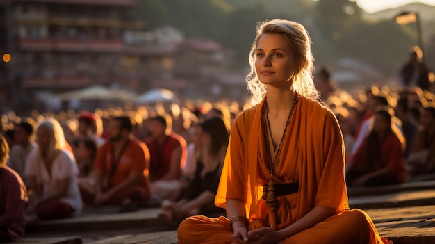 mujer meditando al aire libre al atardecer