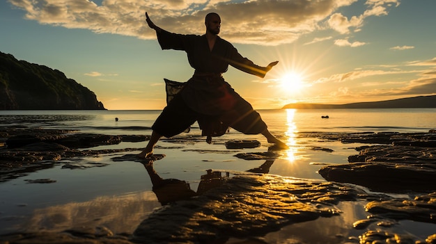 mujer meditando al aire libre al atardecer