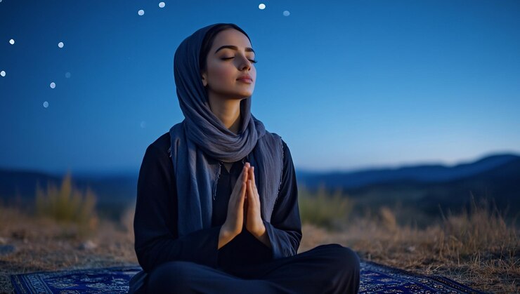 Mujer meditando al aire libre al crepúsculo