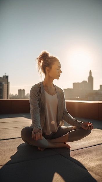 Una mujer meditando en una azotea con la ciudad de fondo