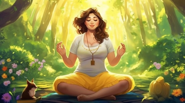 Una mujer meditando en un bosque con un collar amarillo en la camisa.