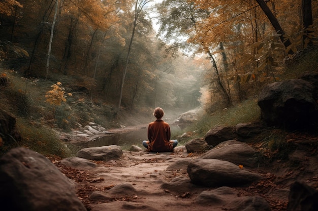 Una mujer meditando en un bosque con un río al fondo