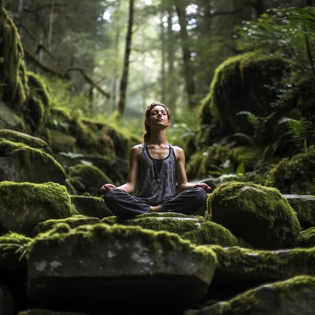 Una mujer meditando en un bosque con rocas cubiertas de musgo.