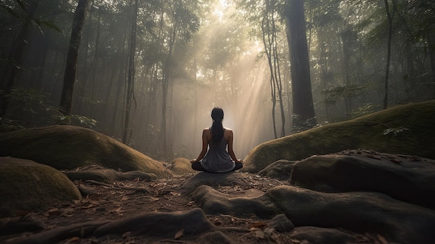 Una mujer meditando en un bosque con el sol brillando a través de los árboles.