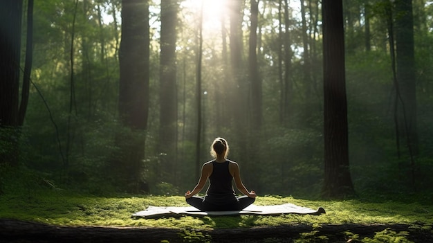 Una mujer meditando en un bosque con el sol brillando a través de los árboles.