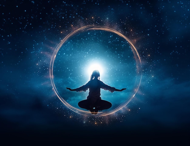 Foto una mujer meditando en un círculo con las palabras 'el universo' en la parte inferior derecha