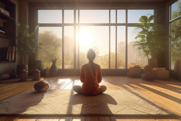 Mujer meditando dentro de la habitación Mujer sentada cerca de una gran ventana en Cityscape Generative AI