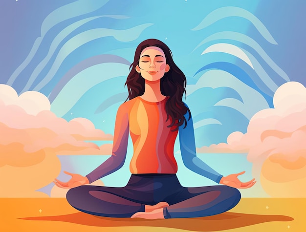 una mujer meditando y de fondo azul claro