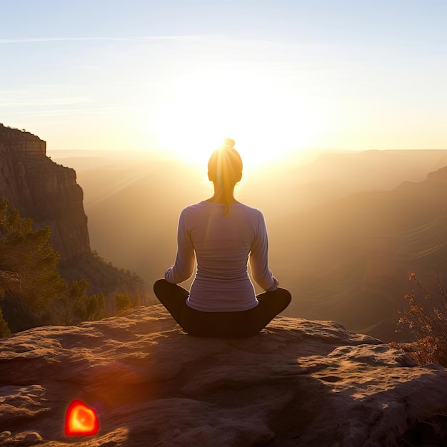 Mujer meditando frente al cañón al atardecer