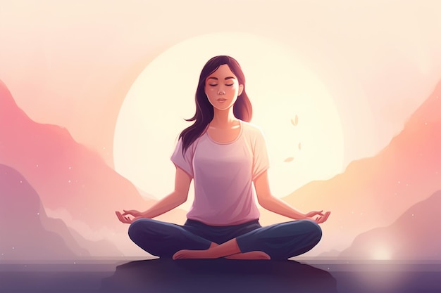 Una mujer meditando frente a un atardecer Generativo ai