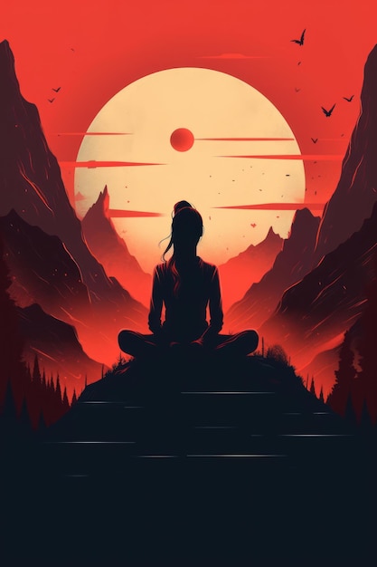 Una mujer meditando frente a una montaña con una luna roja al fondo.