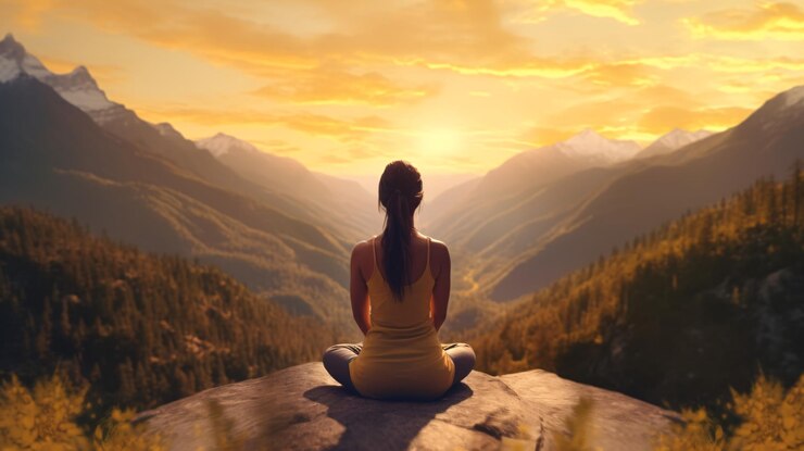 Una mujer meditando frente a un paisaje montañoso.