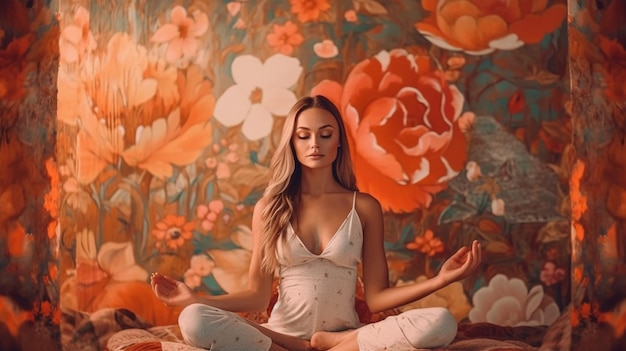 Una mujer meditando frente a una pared floral.