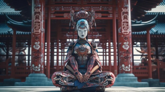 Una mujer meditando frente a un templo chino.