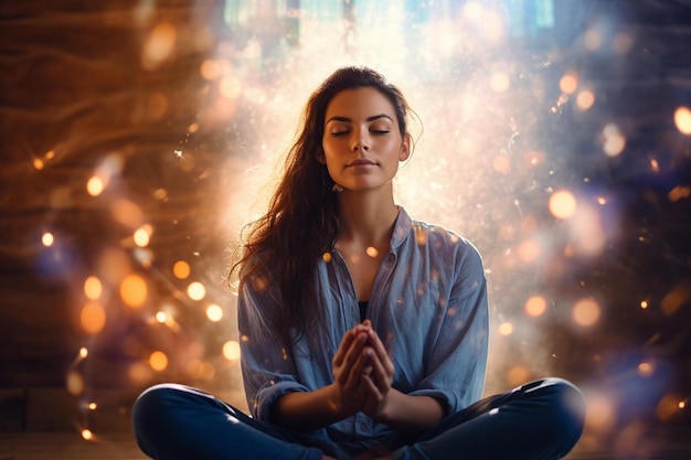 una mujer meditando frente a una ventana con las palabras " meditar " en la parte superior.