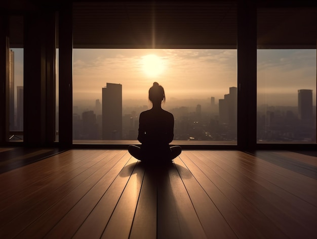 Una mujer meditando frente a una ventana con la puesta de sol detrás de ella.