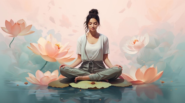 Mujer meditando en el jardín de flores de loto con fondo de flores de lotos Generar IA