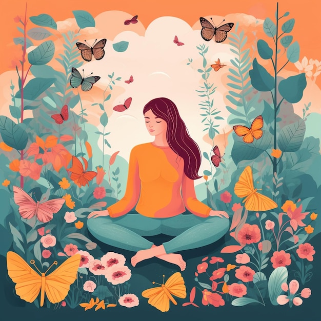 Una mujer meditando en un jardín con mariposas al fondo.