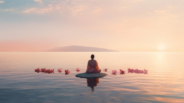 Mujer meditando junto al lago