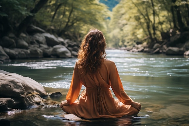 Mujer meditando junto al río IA generativa