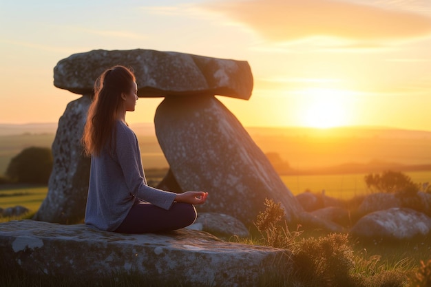 Mujer meditando junto a un dolmen al amanecer