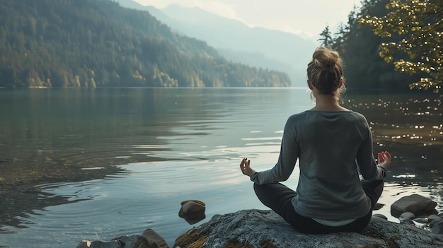 Mujer meditando junto a un lago tranquilo en las montañas