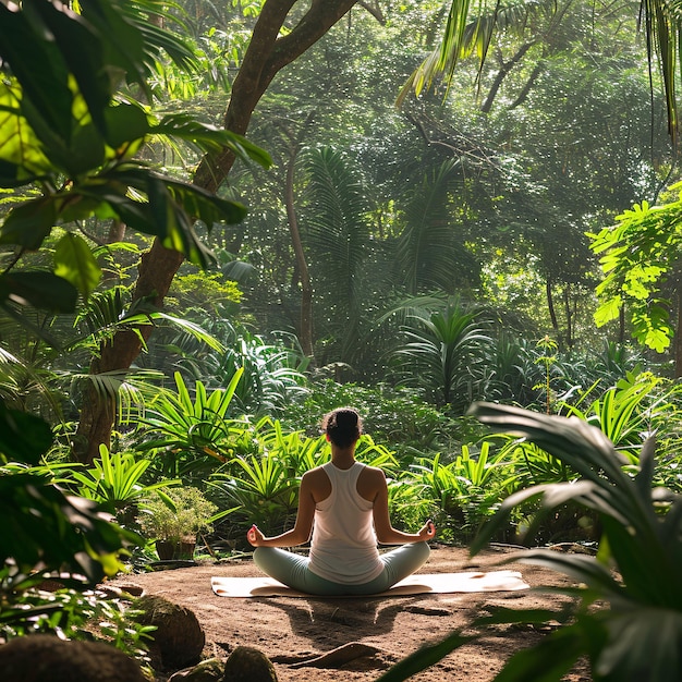 Una mujer meditando en medio de la naturaleza