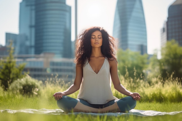 Mujer meditando en meditación en el parque urbano en pose de yoga