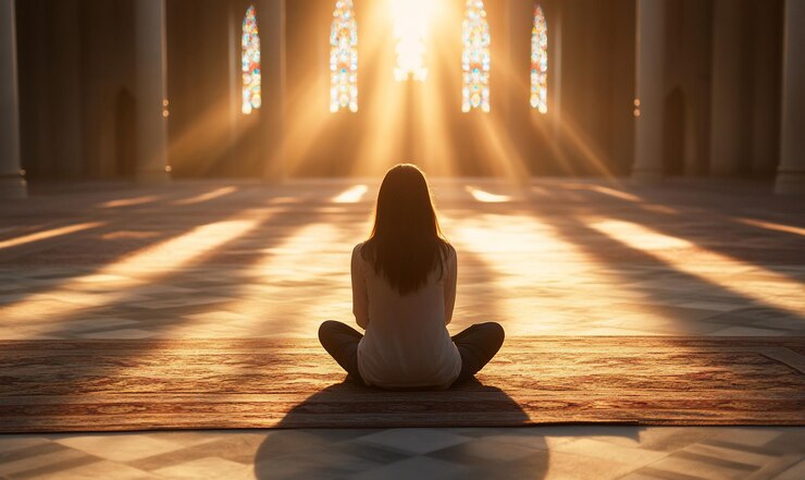 Mujer meditando en una mezquita iluminada por el sol